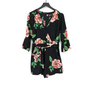 YUMI KIM Liz Floral Silk Romper Black Pink Green M